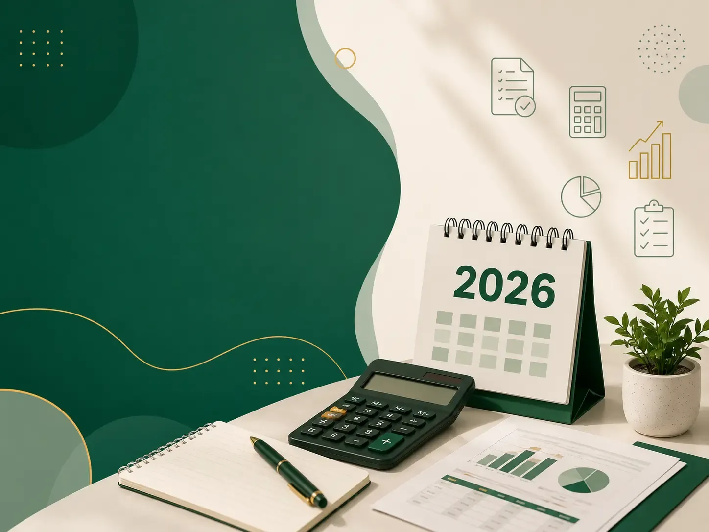 Escritorio contable con calendario 2026, calculadora e informes financieros